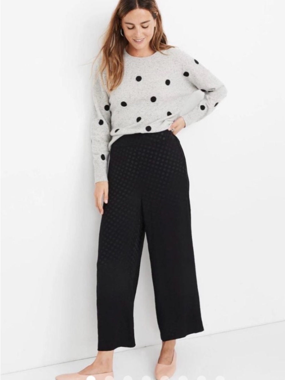 LN Madewell Drapey Huston Wide-Leg satin Jacquard Polka Dot Pants
